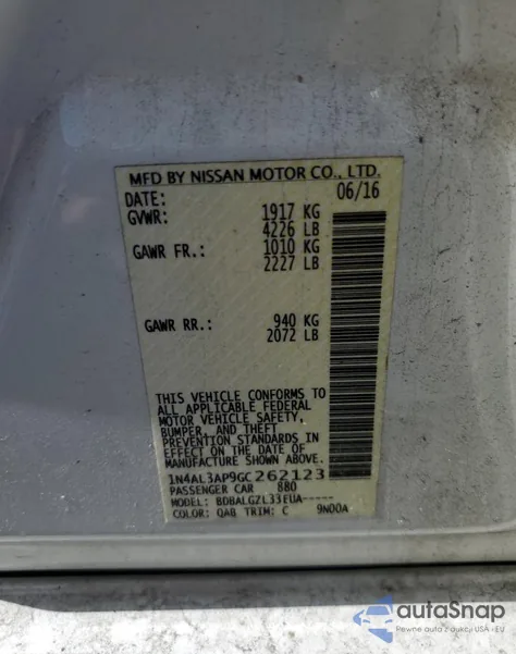 2016 Nissan Altima 2.5 z USA, uszkodzony, nr VIN 1N4AL3AP9GC262123